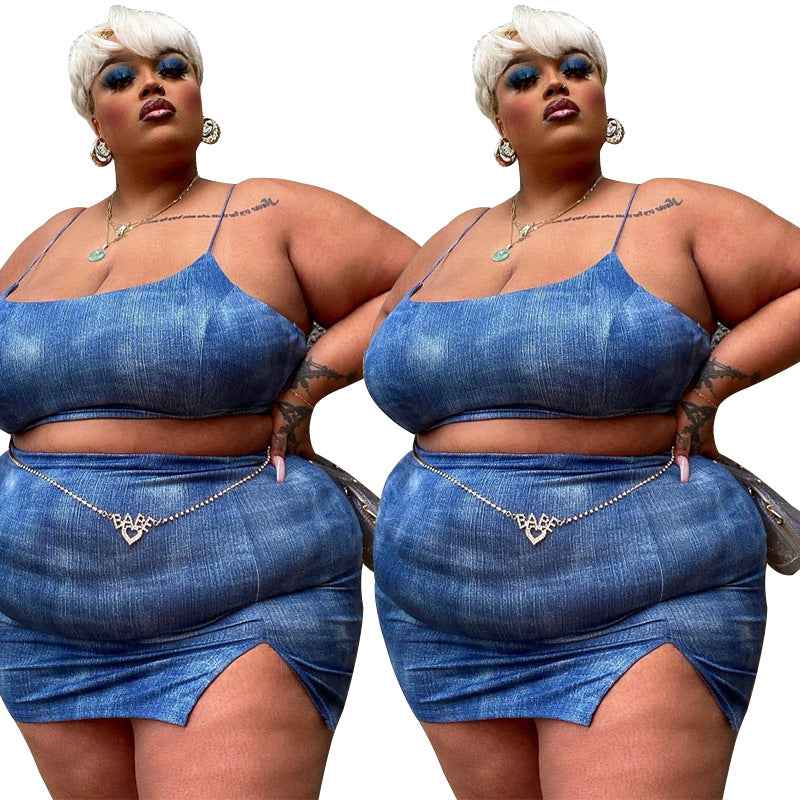 Plus Size Crop-Top Split Skirt Outfit Women Two-Piece Suit