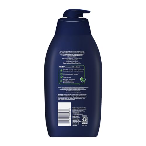 Nivea Men Maximum Hydration Body Wash for Dry Skin, Aloe Vera Enriched, 3-in-1 Moisturizing Body Wash, Face and Hair, Paraben Free, Vegan Formula, 16.9 Fl Oz Bottle, Pack of 3