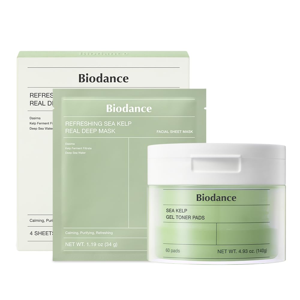 BIODANCE Sea Kelp Day & Night Gel Duo: Sea Kelp Hydrogel Mask & Sea Kelp Gel Toner Pads, Calming & Soothing, Sebum Control for Sensitive Skin, Oily Skin, 4 Masks + 60 Pads