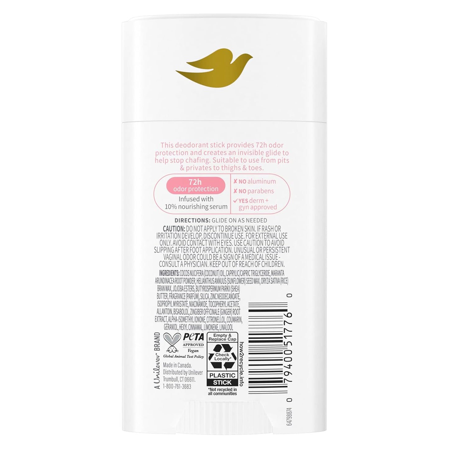 Dove Whole Body Deo Aluminum Free Anti-Chafe Deodorant Stick Raspberry & Rose for 72h Odor Control 2.6 Oz