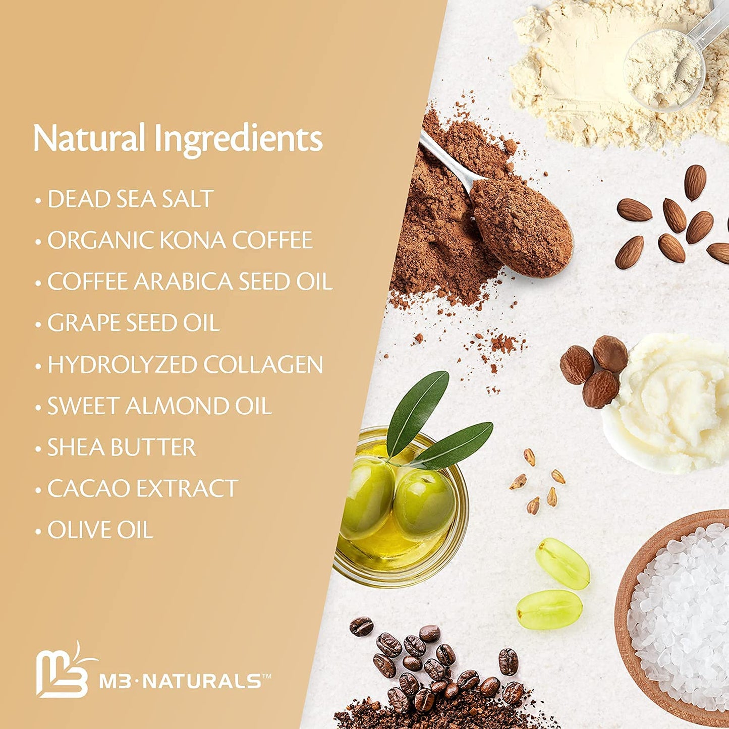 Arabica Coffee Scrub for Hands, Feet, and Body, Exfoliating Scrub with Collagen and Stem Cells, Face Cleanser for Cellulite, Fine Lines, and Stretch Marks by M3 Naturals (1 Pack)