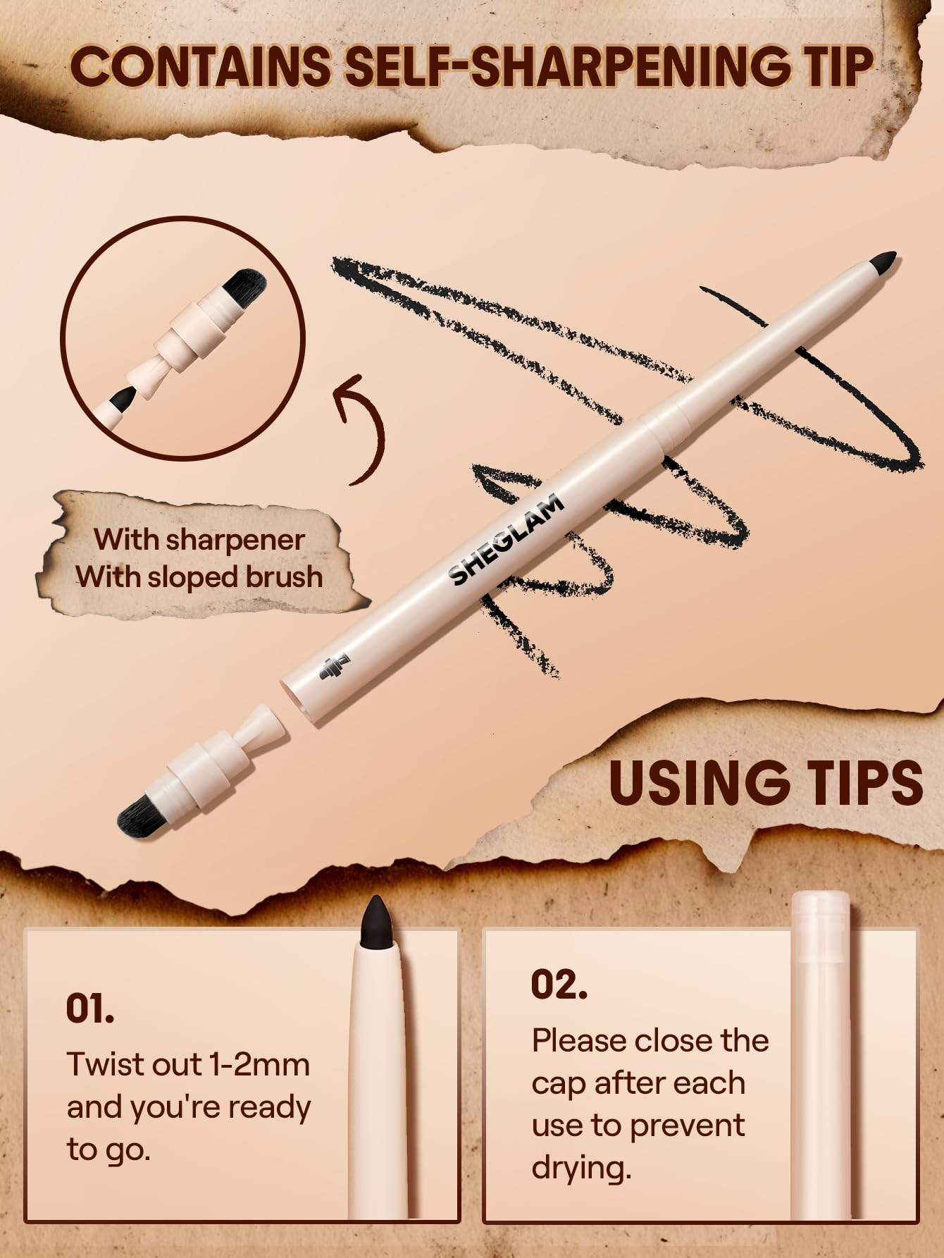 SHEGLAM Gel Glide Eyeliner Pencil Creamy Waterproof Smudgeproof Longwearing Eyeliner-Brown