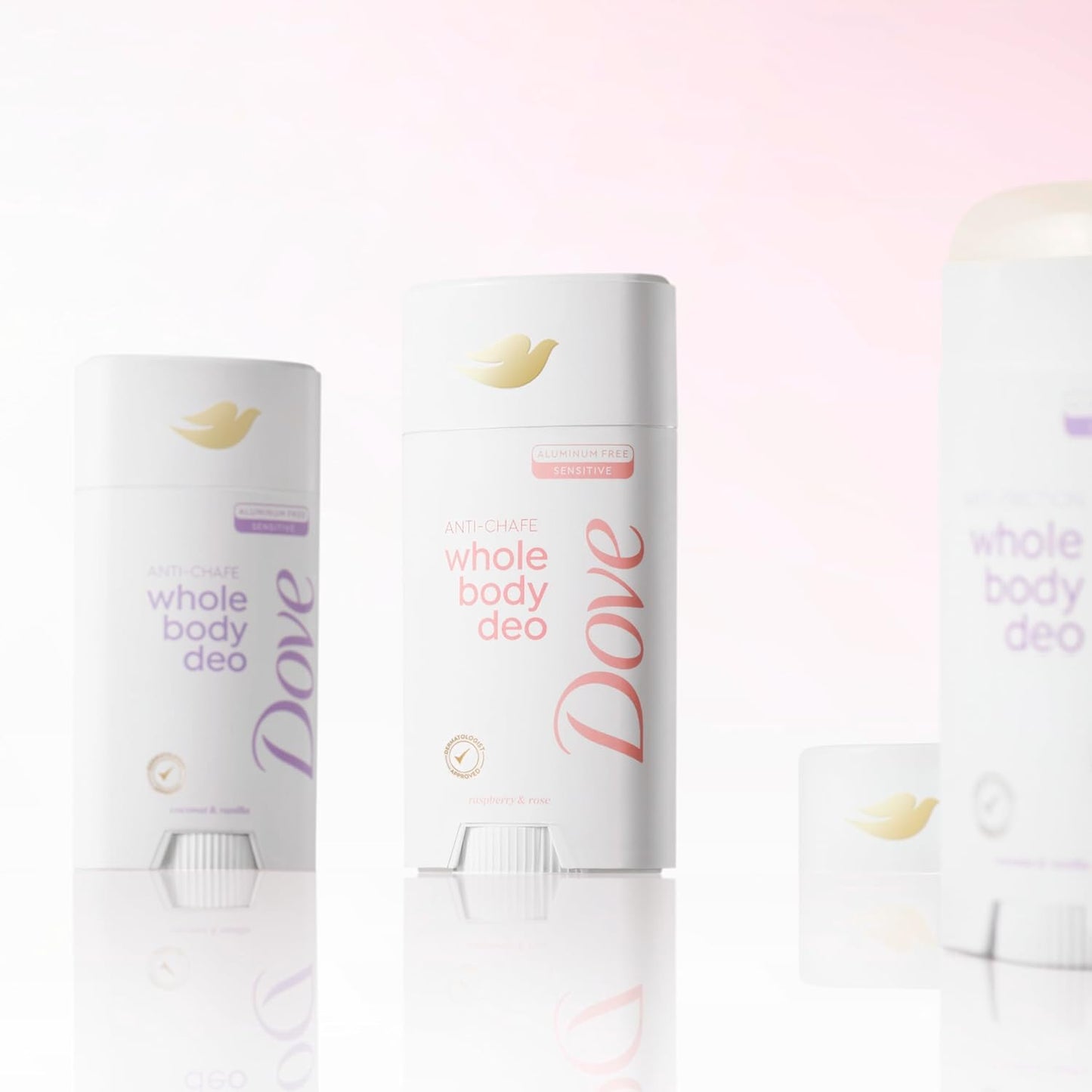Dove Whole Body Deo Aluminum Free Anti-Chafe Deodorant Stick Raspberry & Rose for 72h Odor Control 2.6 Oz