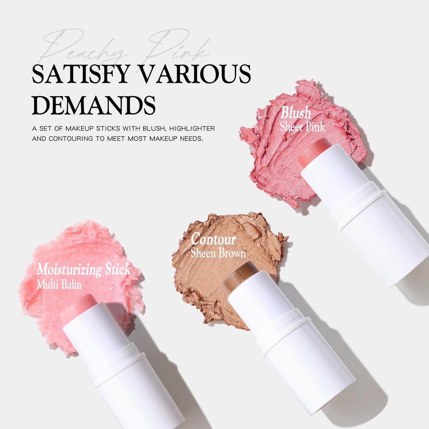 3 PCS Makeup Cream Contour Stick Set, Highlighter Stick & Bronzer Stick & Blush Stick, Long Lasting, Natural Face Contour, Dewy & Matte Finish, Multi Stick Trio for All Skin