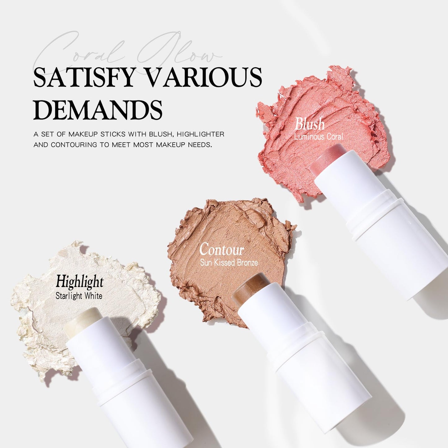 3 PCS Makeup Cream Contour Stick Set, Highlighter Stick & Bronzer Stick & Blush Stick, Long Lasting, Natural Face Contour, Dewy & Matte Finish, Multi Stick Trio for All Skin