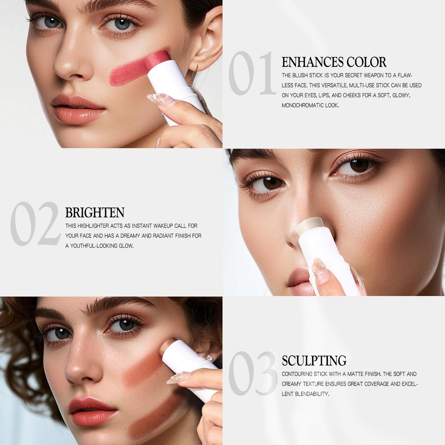 3 PCS Makeup Cream Contour Stick Set, Highlighter Stick & Bronzer Stick & Blush Stick, Long Lasting, Natural Face Contour, Dewy & Matte Finish, Multi Stick Trio for All Skin