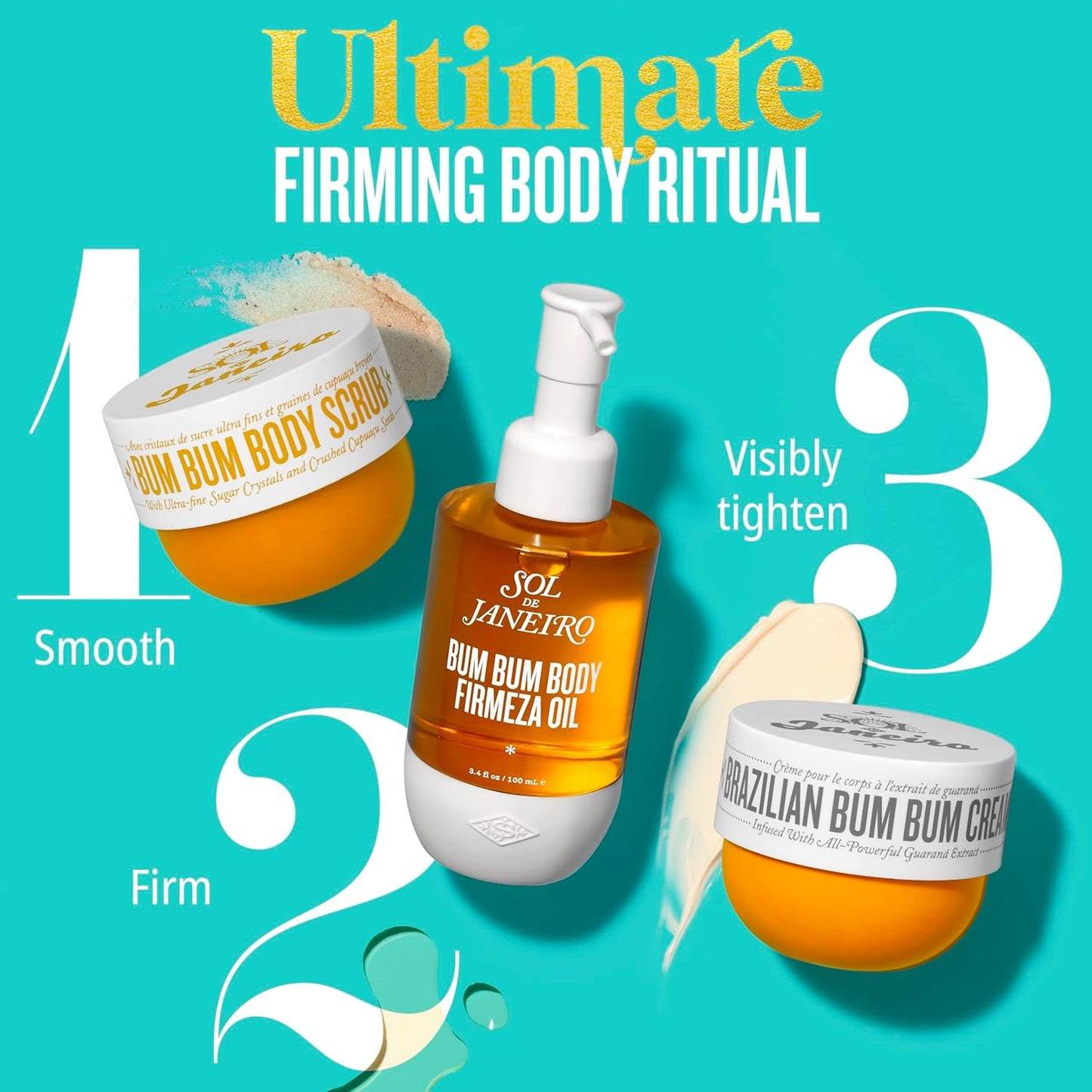 SOL DE JANEIRO Brazilian Bum Bum Cream, Bum Bum Firmeza Body Oil, and Bum Bum Body Scrub Bundle - Ultimate Firming Ritual, Amazon Exclusive