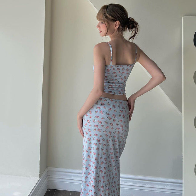 Fresh Sweet Floral Strap Tube Top Skirt Set Summer Two Piece Set