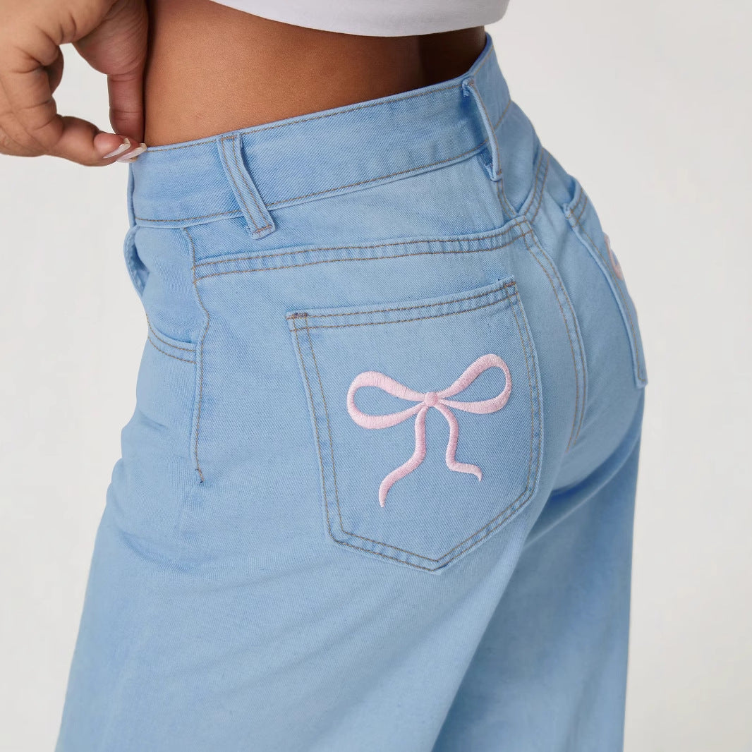 Voidsy Bow Embroidered Denim Trousers