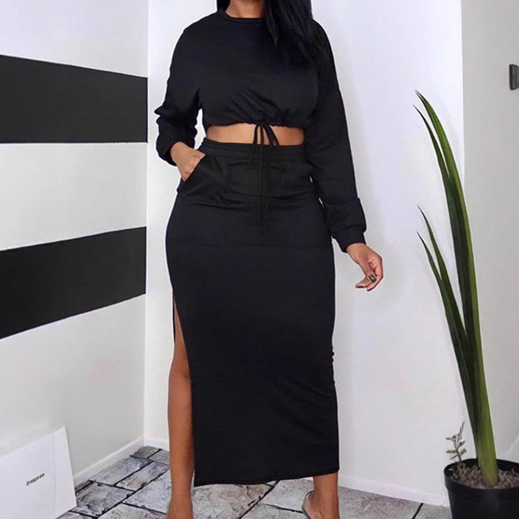 Plus Size Long Sleeve round Neck Split Two Piece Skirt Sets