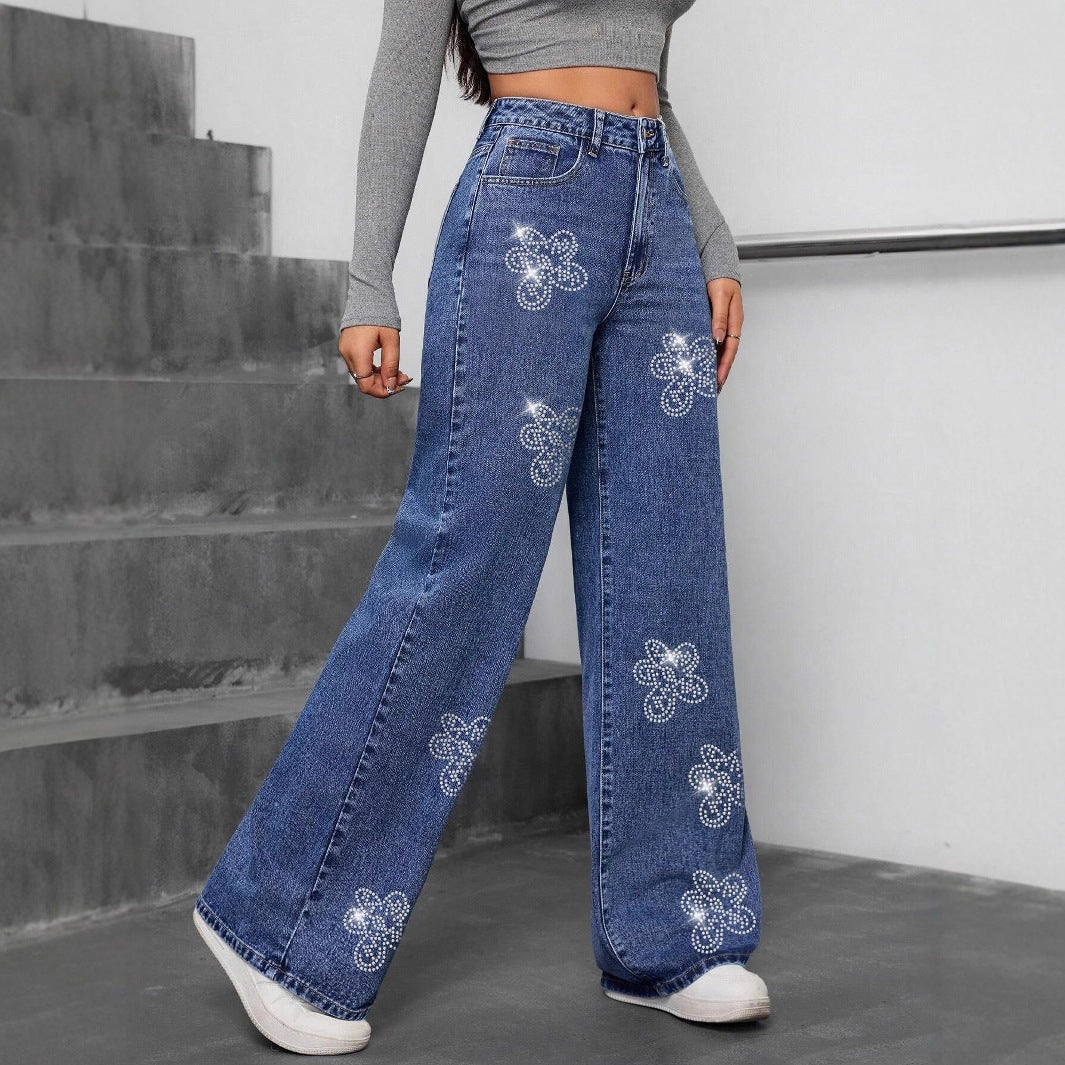 Floral Rhinestone Loose Straight Leg Jeans