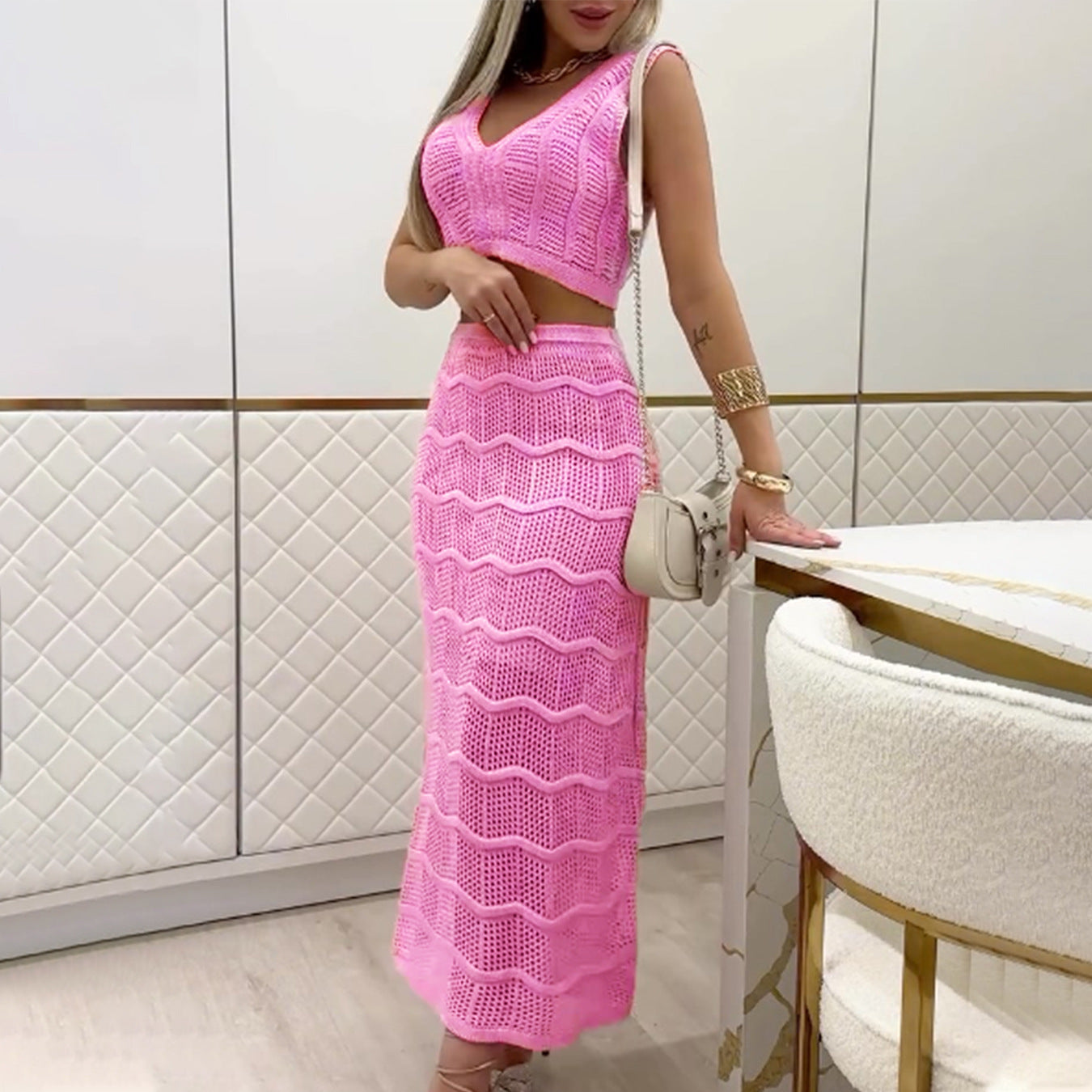 Women Clothing Casual Sexy Short Sling Top Split Skirt Set Beachwear