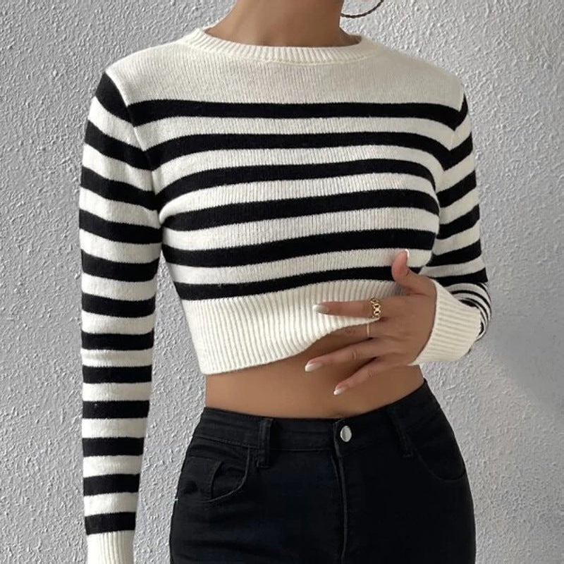 Sweater Striped Short Inner Wear Outer Wear Knitwear Top