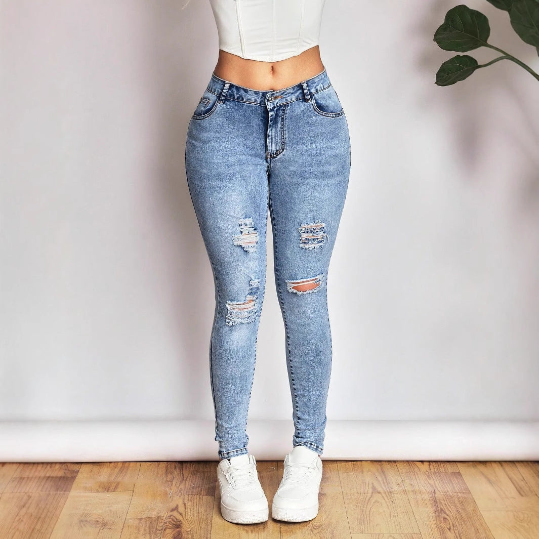 Women High Stretch All Matching Skinny Pants Ripped Denim Trousers