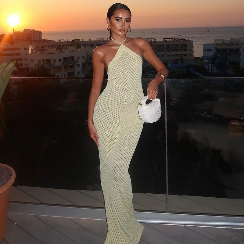 Summer Women Clothing Sexy Sexy Knitted Hollow Out Cutout out Halter Backless Slim Fit Maxi Dress