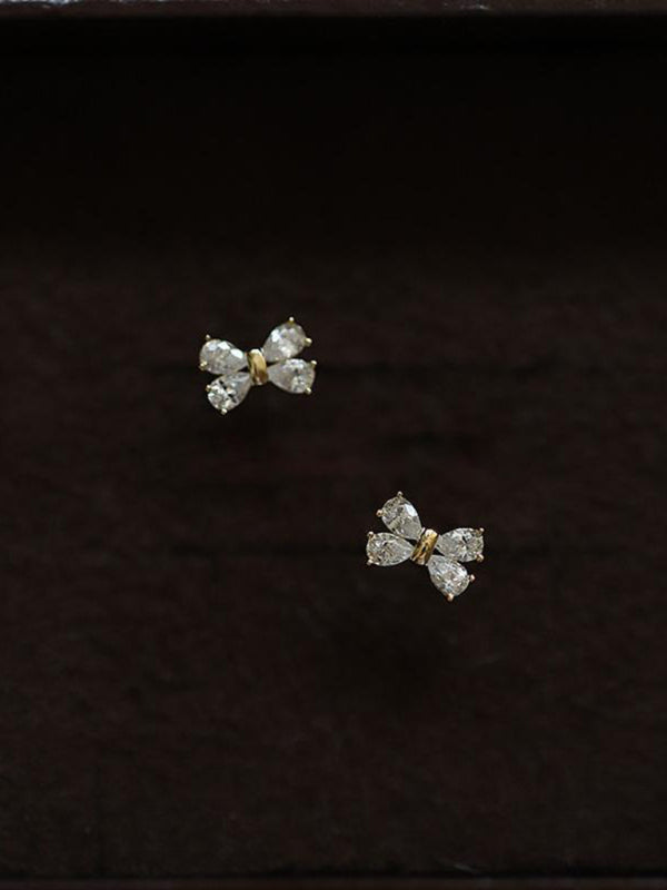 14k gold plated earrings, four diamond bows, sweet design mini earrings