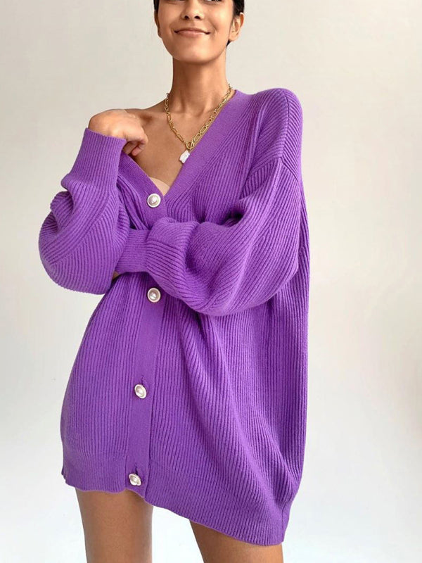 Purple Loose Drop Shoulder Sleeve Pearl Button  Cardigan