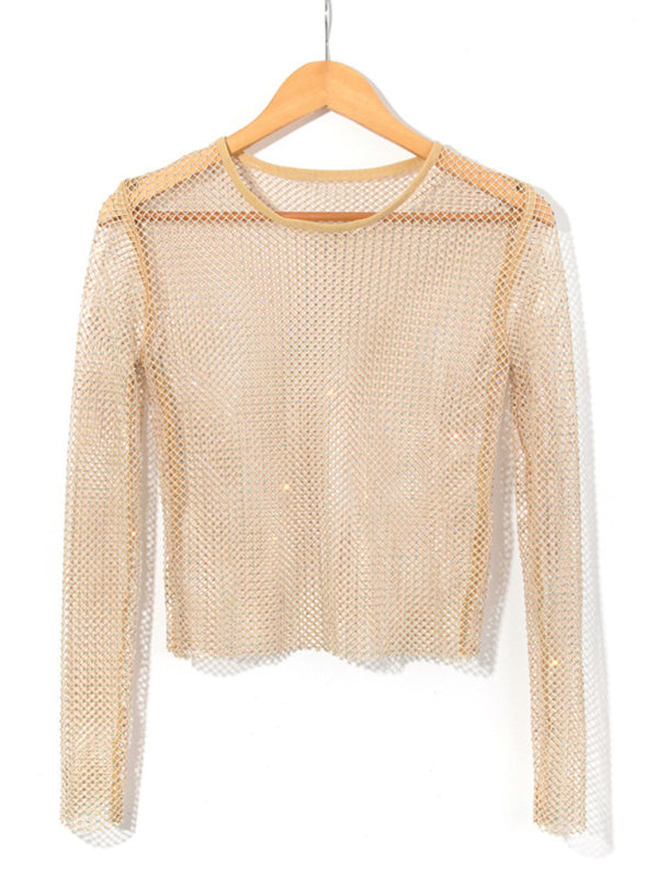 Voidsy Mesh flash diamond long-sleeved top T-shirt