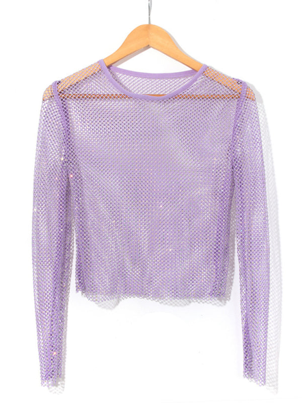 Voidsy Mesh flash diamond long-sleeved top T-shirt