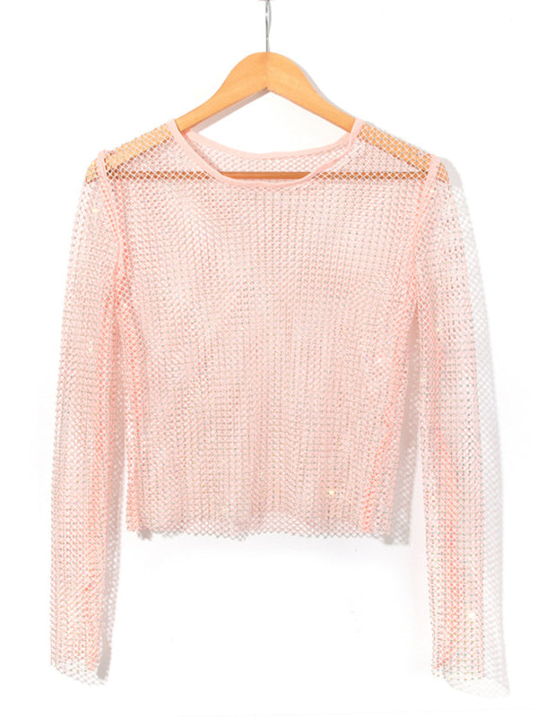 Voidsy Mesh flash diamond long-sleeved top T-shirt