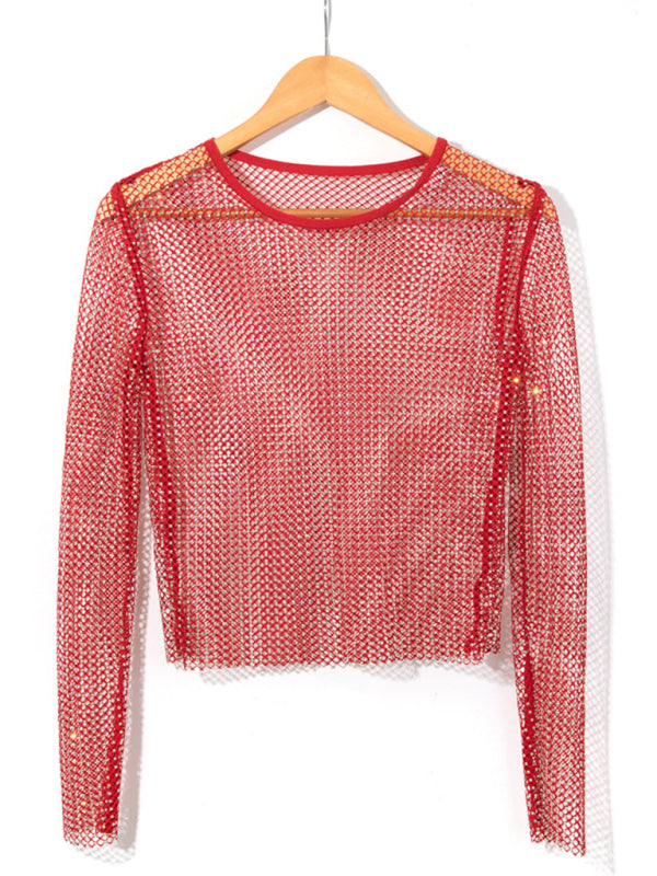Voidsy Mesh flash diamond long-sleeved top T-shirt