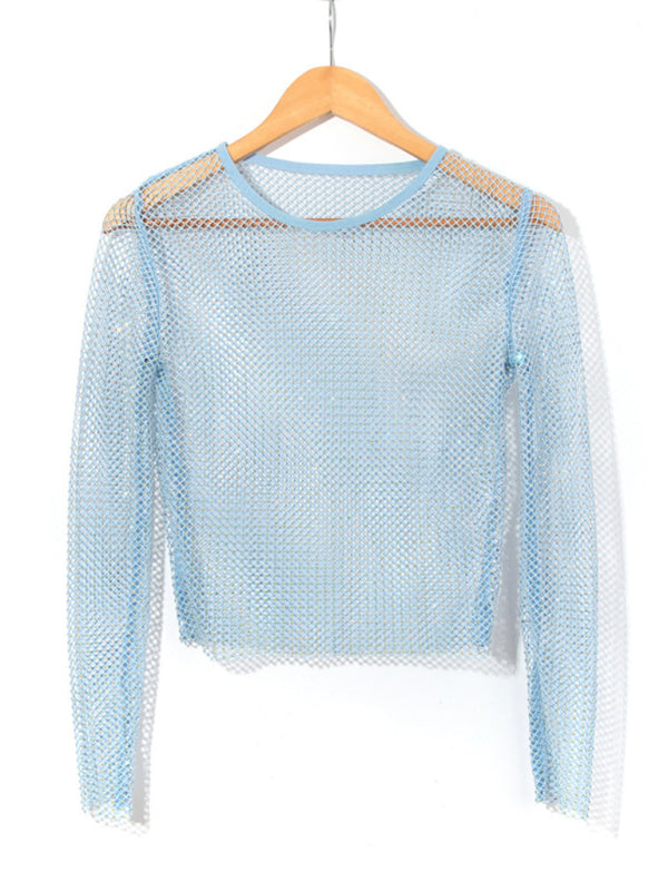 Voidsy Mesh flash diamond long-sleeved top T-shirt