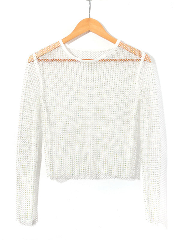 Voidsy Mesh flash diamond long-sleeved top T-shirt