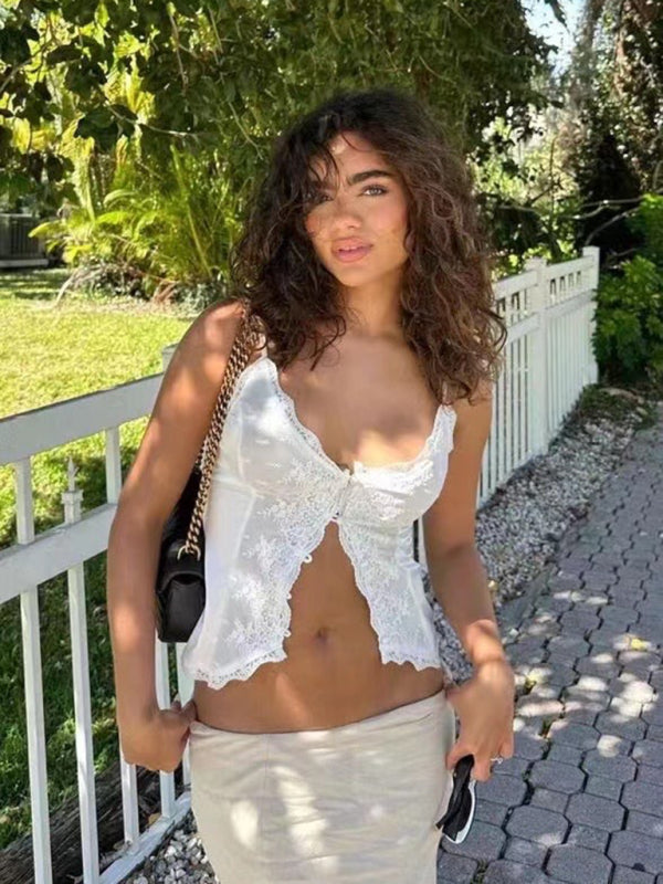 Voidsy lace satin sweet slim buttoned small camisole