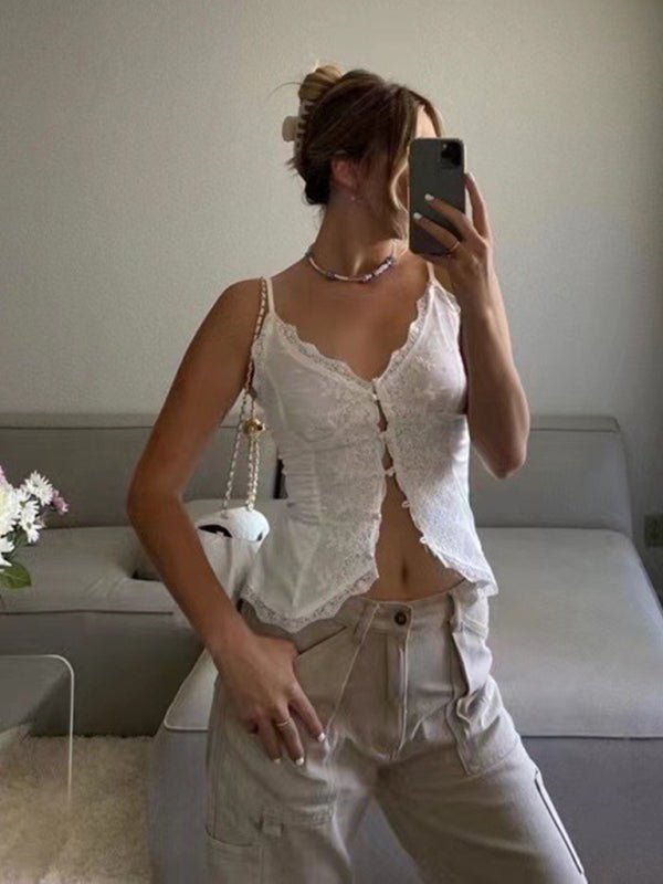 Voidsy lace satin sweet slim buttoned small camisole