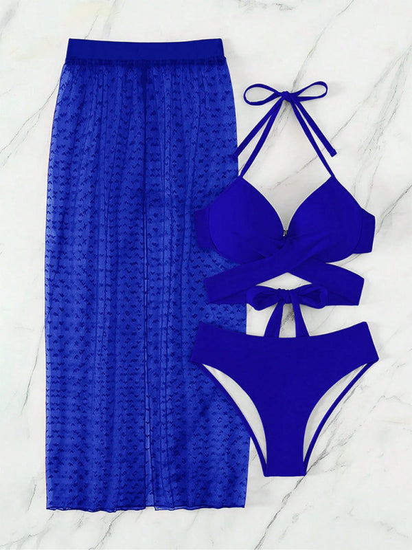 Solid Voidsy color bikini skirt three-piece set
