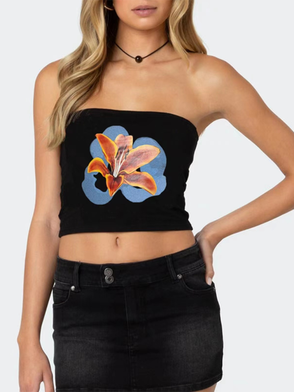 Women's personality street flower print sexy belly-baring top