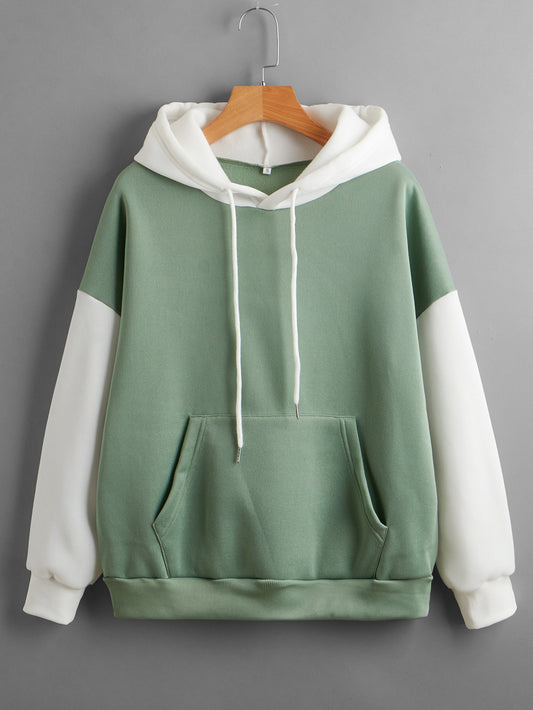 Green Contrast Color Hoodie