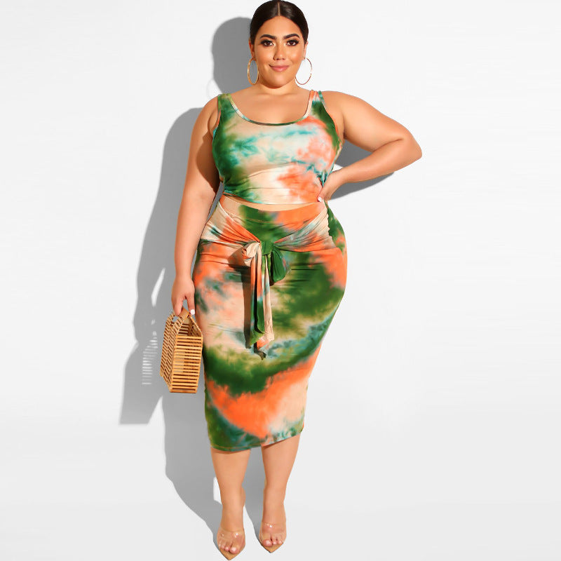Plus Size Summer Tie-Dye Printing Skinny Sheath Casual Women Two-Piece Suit