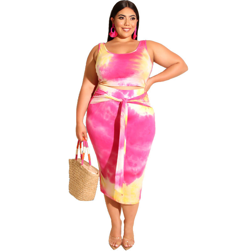 Plus Size Summer Tie-Dye Printing Skinny Sheath Casual Women Two-Piece Suit