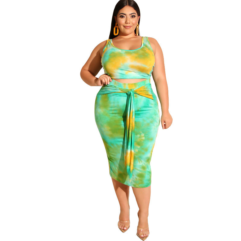 Plus Size Summer Tie-Dye Printing Skinny Sheath Casual Women Two-Piece Suit
