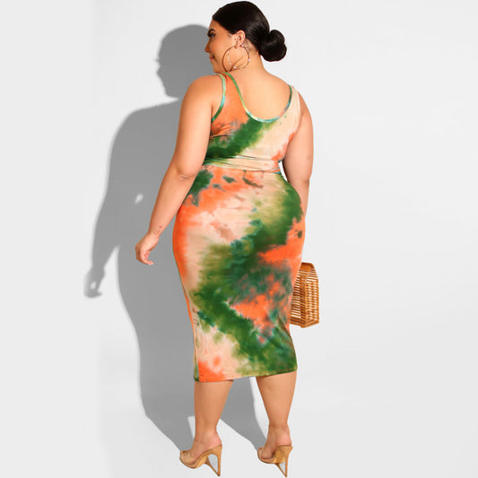 Plus Size Summer Tie-Dye Printing Skinny Sheath Casual Women Two-Piece Suit