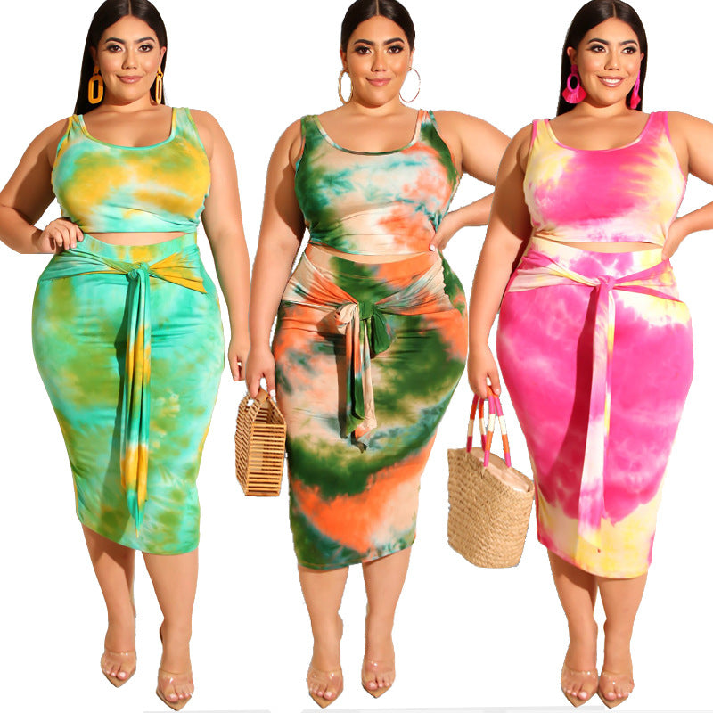 Plus Size Summer Tie-Dye Printing Skinny Sheath Casual Women Two-Piece Suit