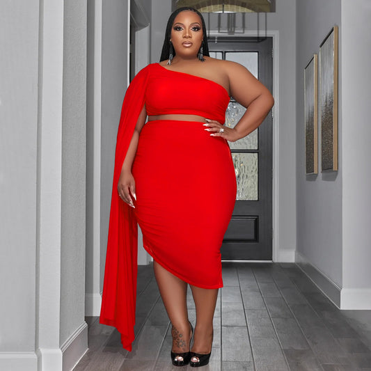 Plus Size Women Wear High Elastic Diagonal Collar Long Train Sleeve Wrinkle Two Piece Set