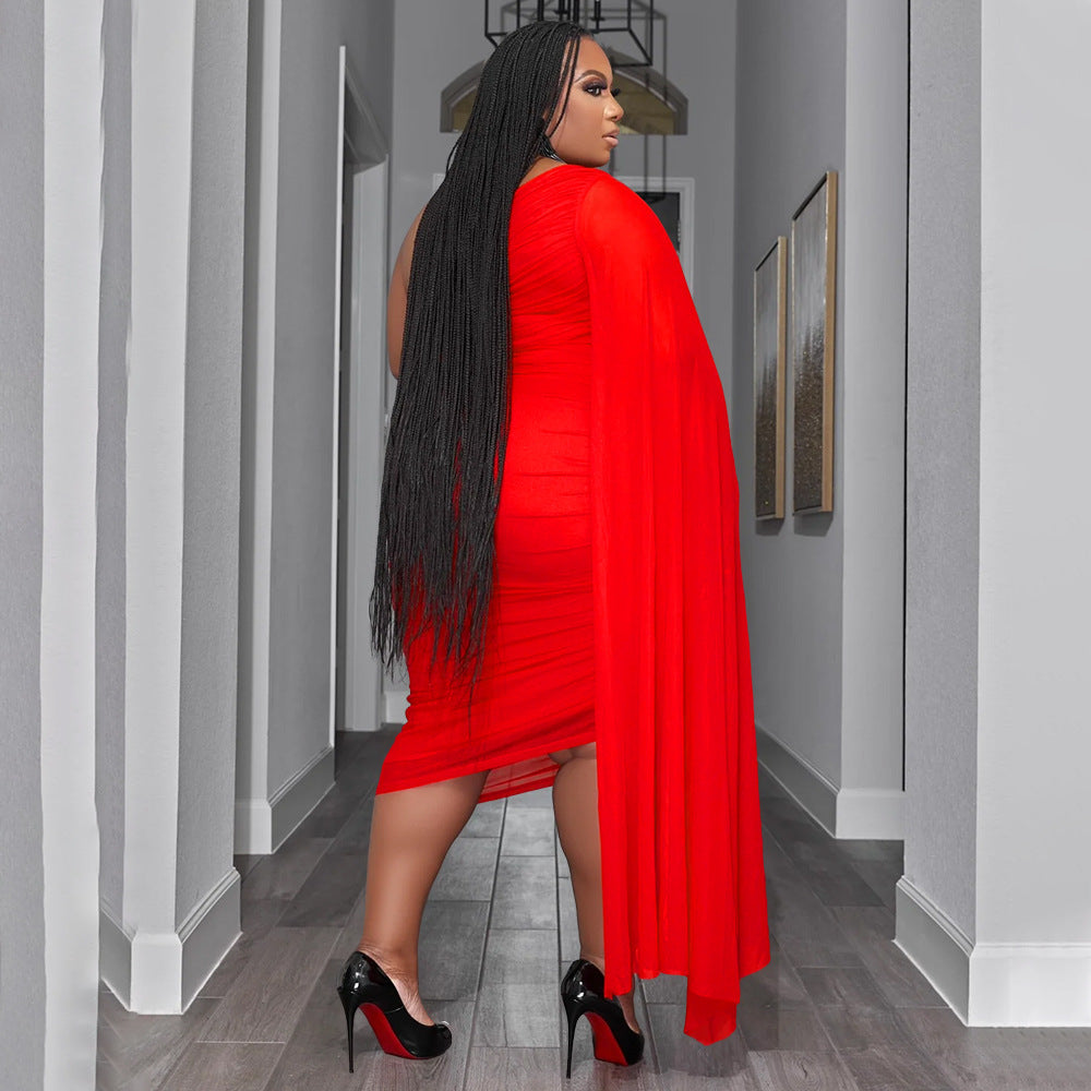 Plus Size Women Wear High Elastic Diagonal Collar Long Train Sleeve Wrinkle Two Piece Set