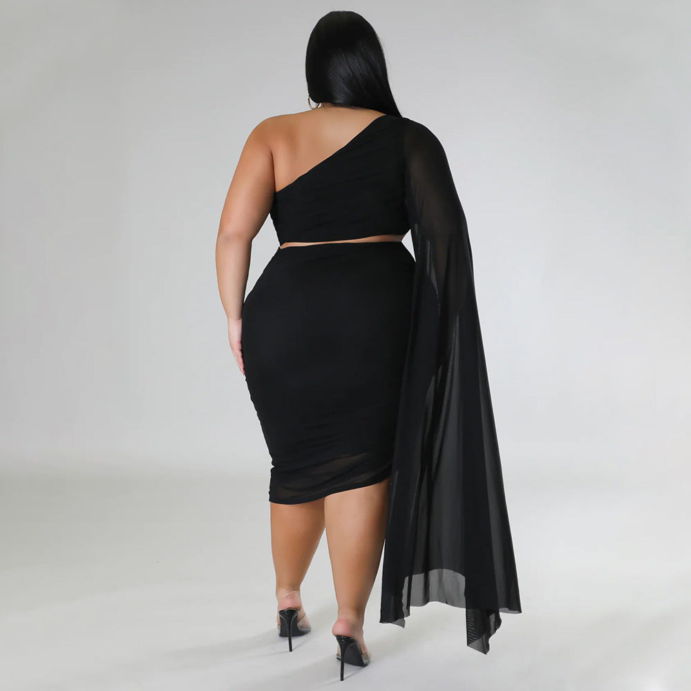 Plus Size Women Wear High Elastic Diagonal Collar Long Train Sleeve Wrinkle Two Piece Set