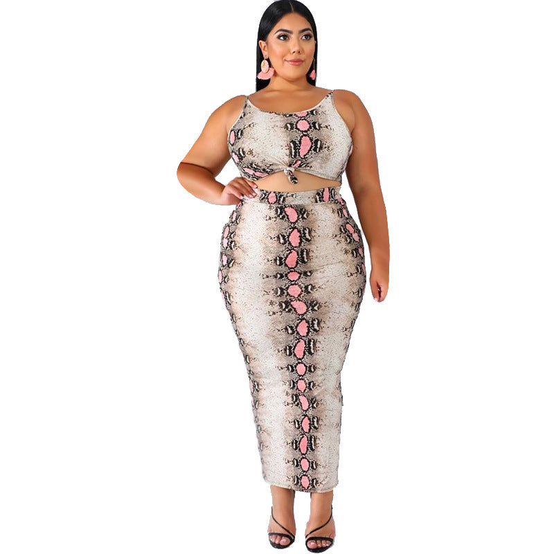 Plus Size Women Leopard Print Sling Mid-Length Dress Set Sexy Two-Piece Suit