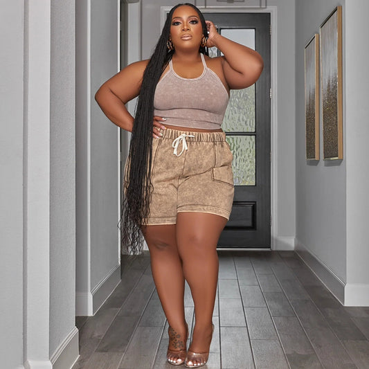 Plus Size Two Piece Suit Printing Casual Vest Shorts Set