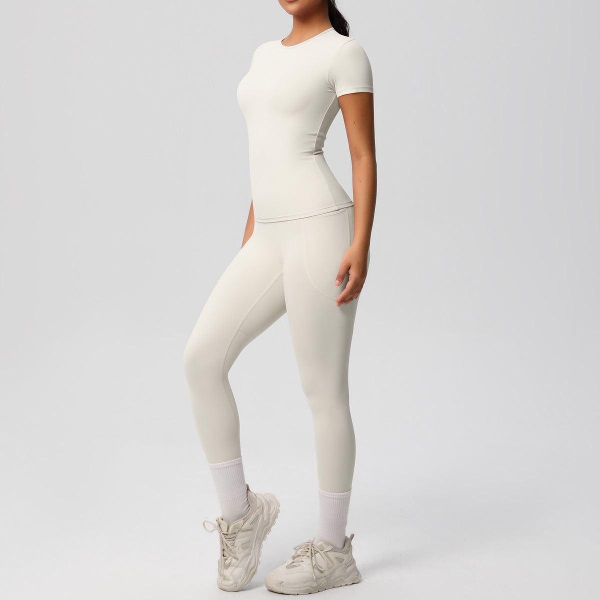 Yoga Dungarees Solid Color Short Sleeve Skin Friendly Breathable Tight Sports Short Sleeve Slimming Fitness Set Women