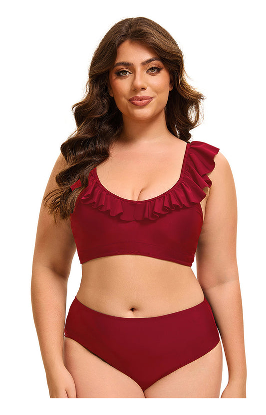 Voidsy Bikini Ruffle Edege Bikini Top- Wine Red
