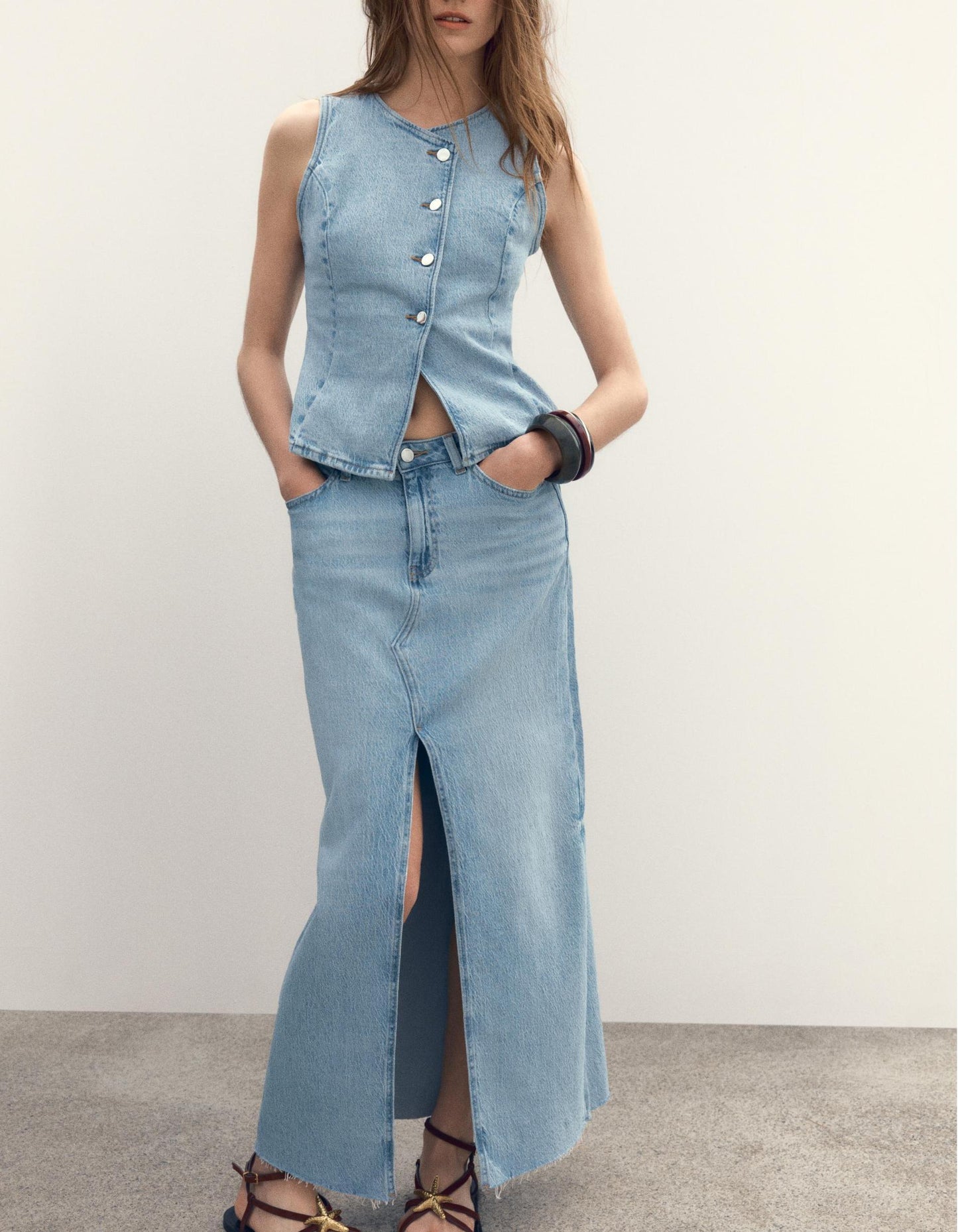 Spring Women Street Denim Vest Skirt Casual Suit