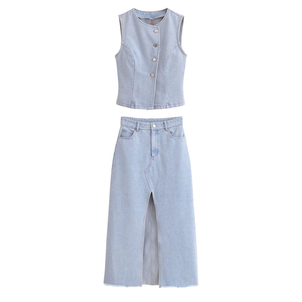 Spring Women Street Denim Vest Skirt Casual Suit