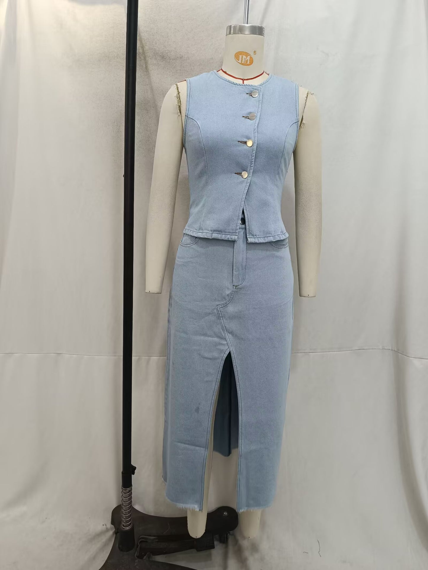 Spring Women Street Denim Vest Skirt Casual Suit