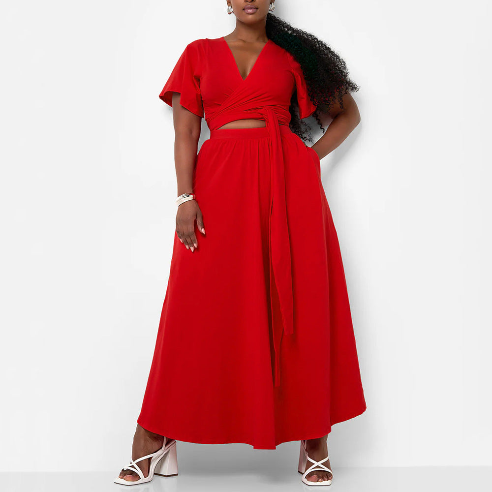 Voidsy Summer Solid Color Bell Sleeve V neck Split Two Piece Sets