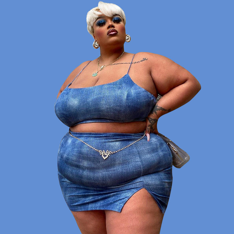 Plus Size Crop-Top Split Skirt Outfit Women Two-Piece Suit