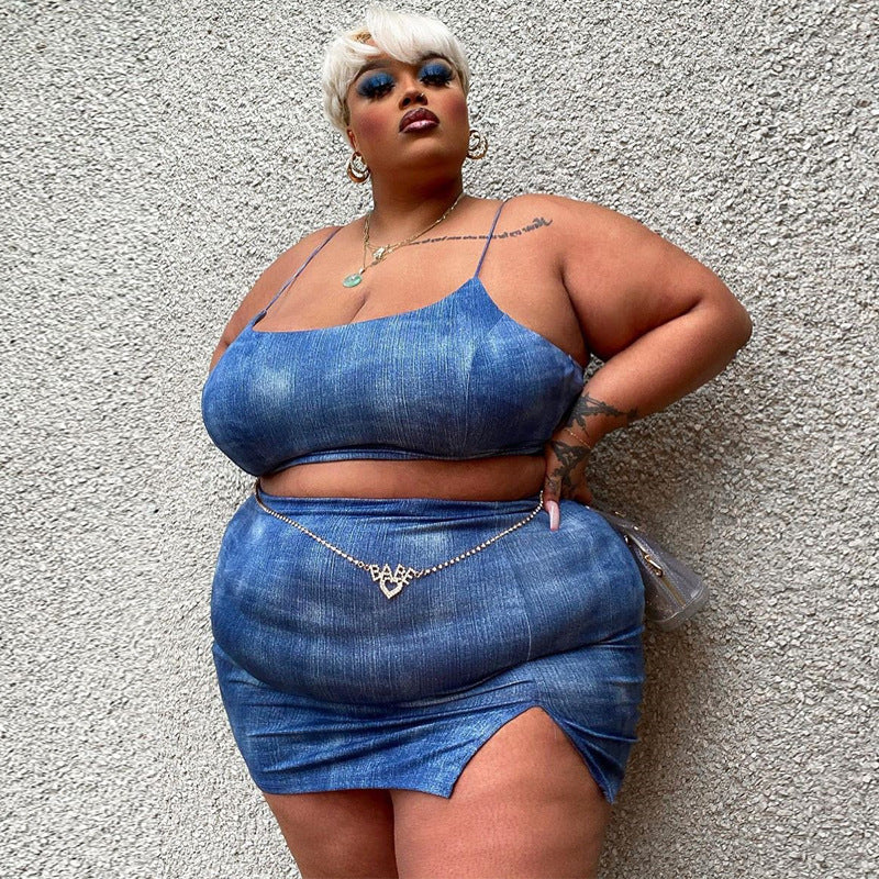 Plus Size Crop-Top Split Skirt Outfit Women Two-Piece Suit